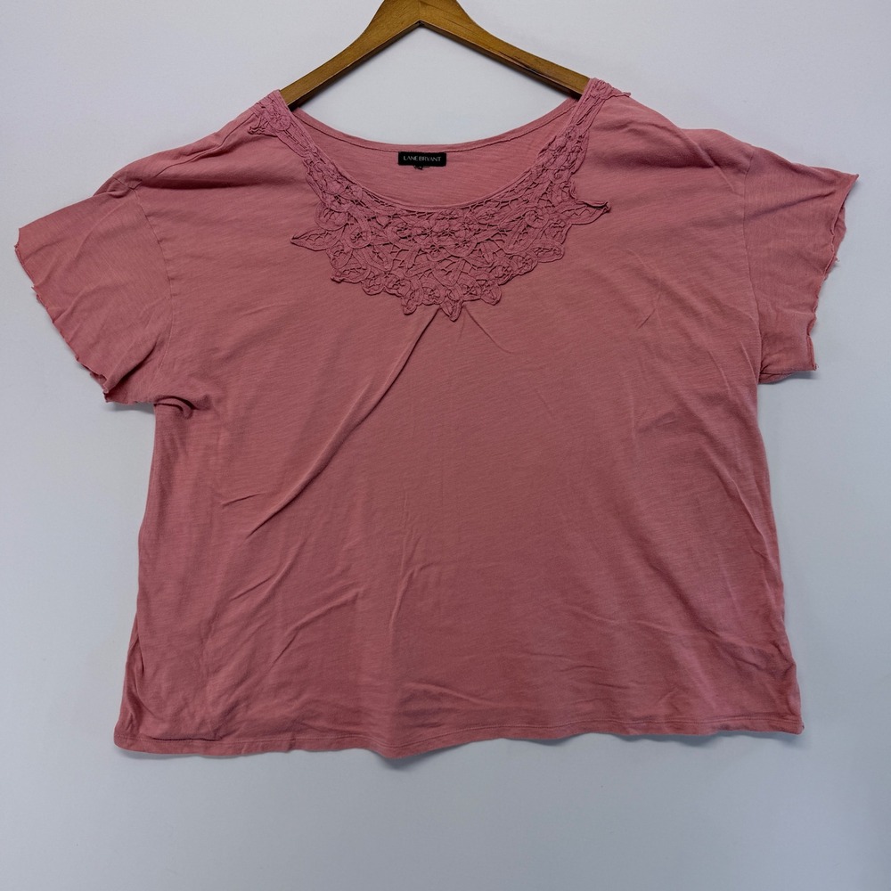 Lane Bryant Pink Cotton Crochet Lace Bib Short Sleeve Top Plus Size